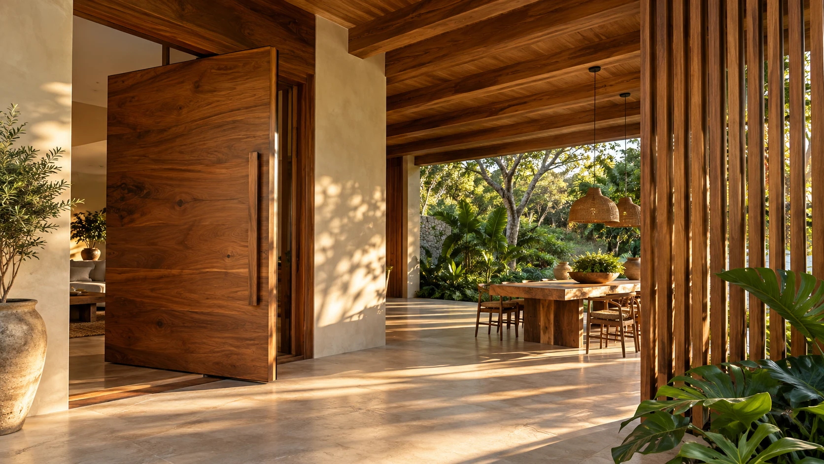 Ambiente conceitual com porta, vigas e acabamentos em madeira
